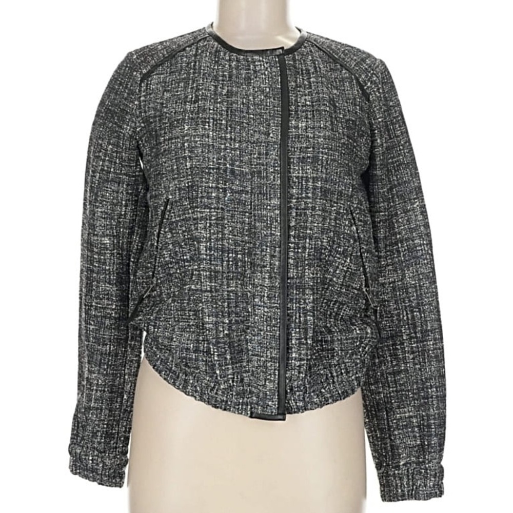 Joie Tweed Leather-Trim Zip-Up Bomber Jacket